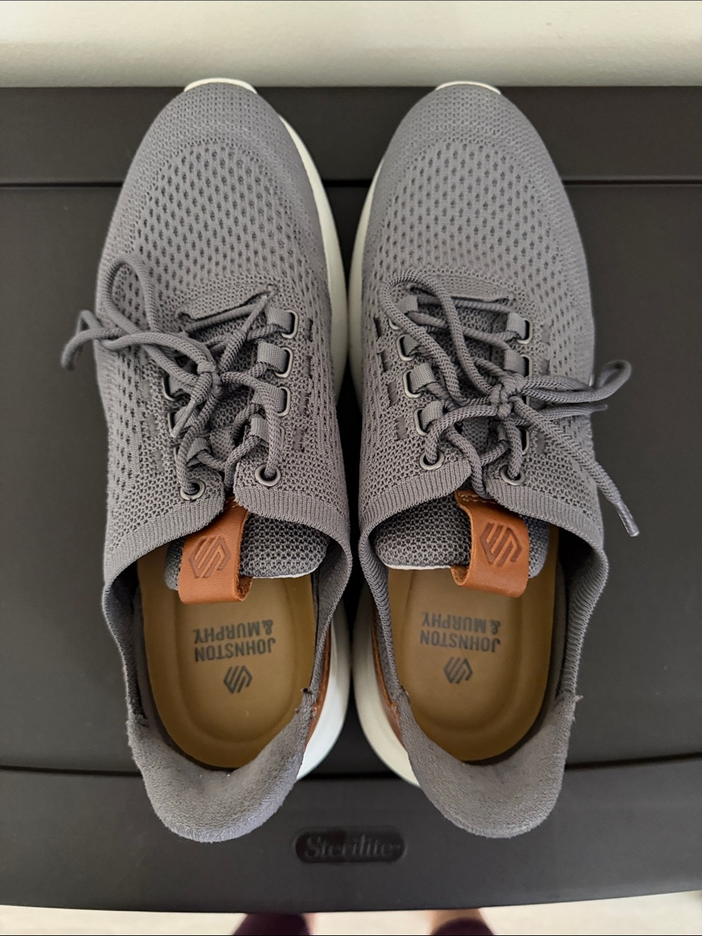 Johnston & Murphy Gray Knit Lace-Up Sneakers with Tan Heel Tab